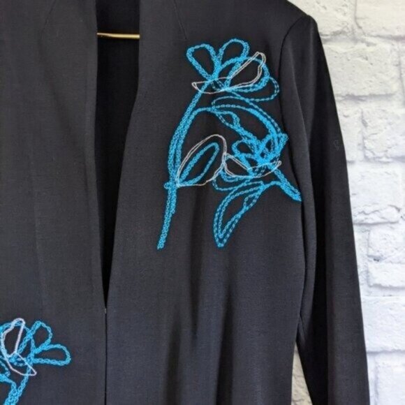 Misook Floral Embroidered Knit Jacket S Black Blue Long Sleeve Designer Classic - Picture 2 of 5
